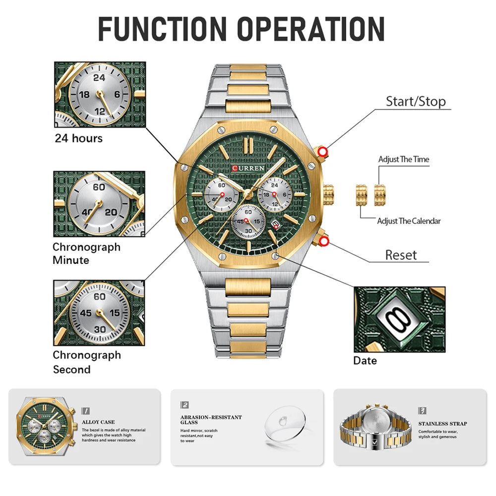 CURREN Watches for Mans Fashion Sports Waterproof Chronograph  Octagonal Design Quartz luminous Wristwatches with Auto Date